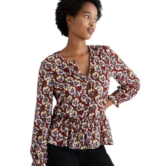 Madewell Tops - Madewell Drawstring Ruffle-Hem Top Viola Floral Pansy Print S
